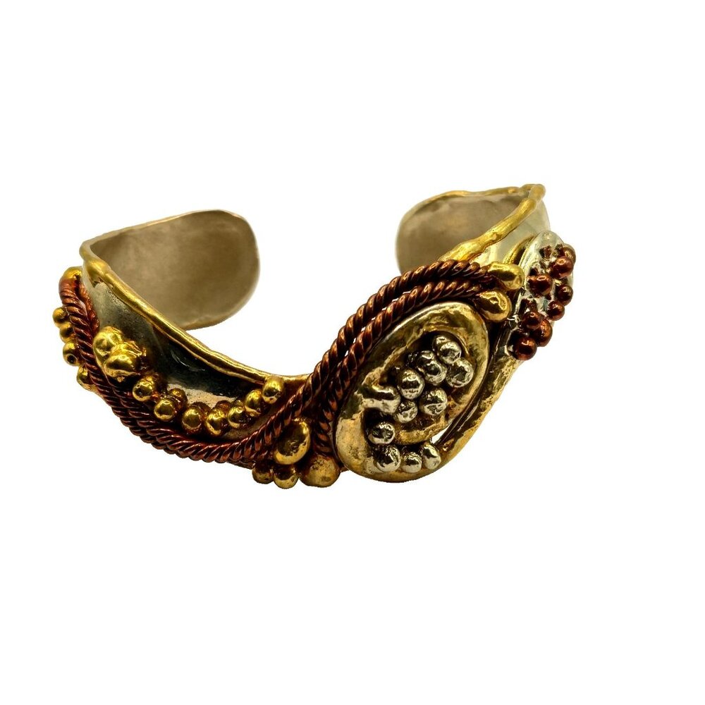 Artisan Mixed Metal Cuff Bracelet Brass Copper Silver Tone Boho Statement